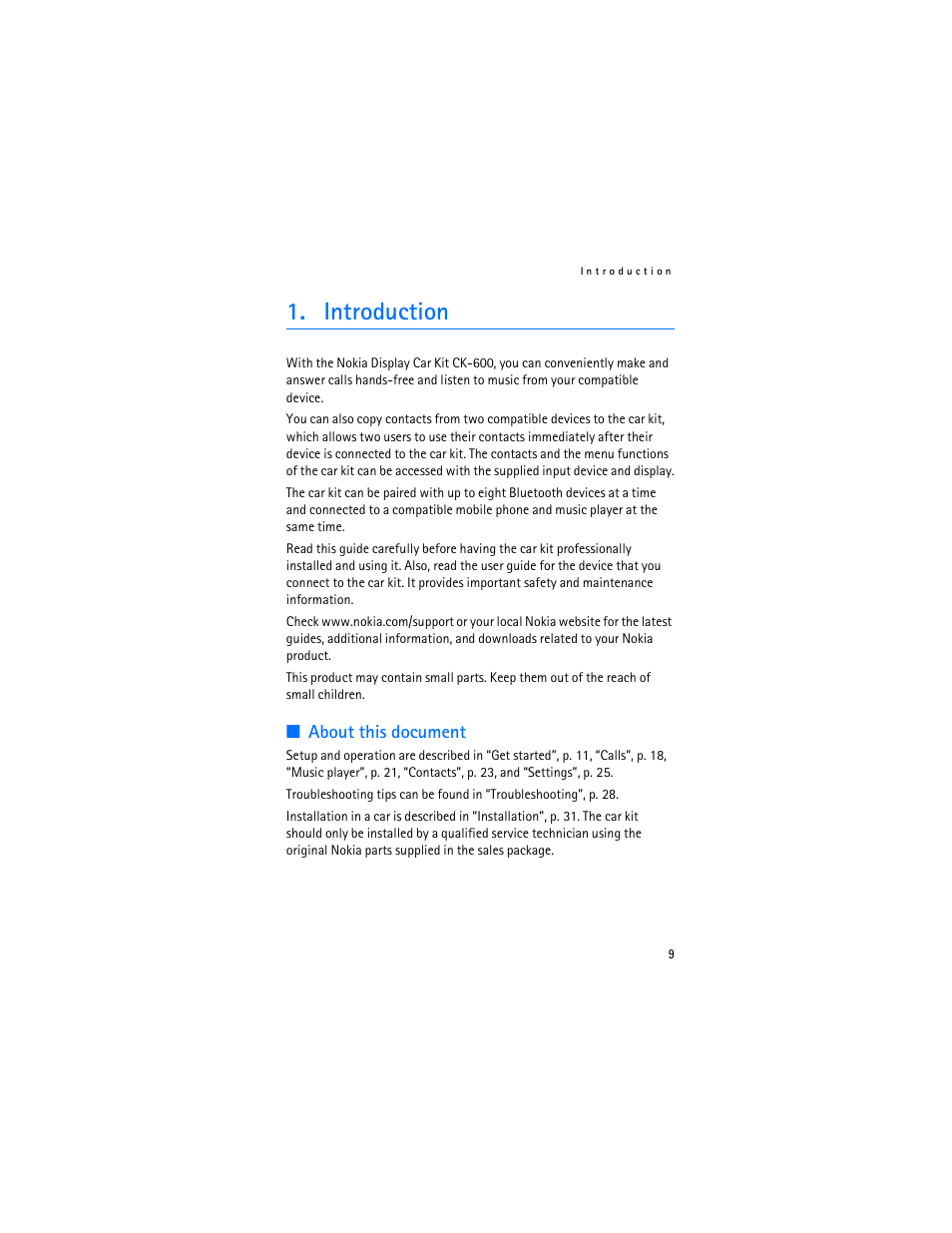 Introduction, About this document | Nokia Display Car Kit CK-600 User Manual | Page 9 / 206