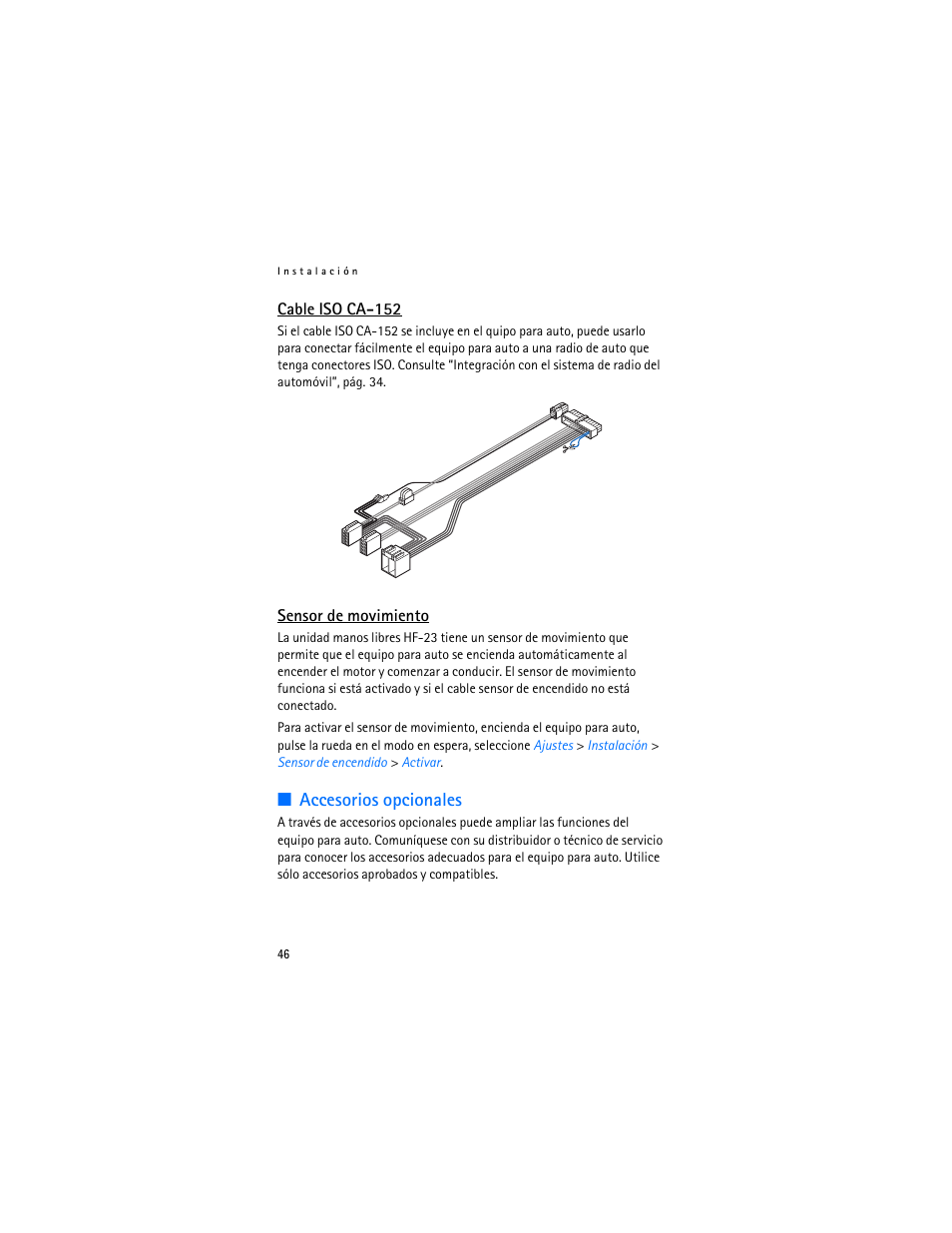 Cable iso ca-152, Sensor de movimiento, Accesorios opcionales | Nokia Display Car Kit CK-600 User Manual | Page 94 / 206
