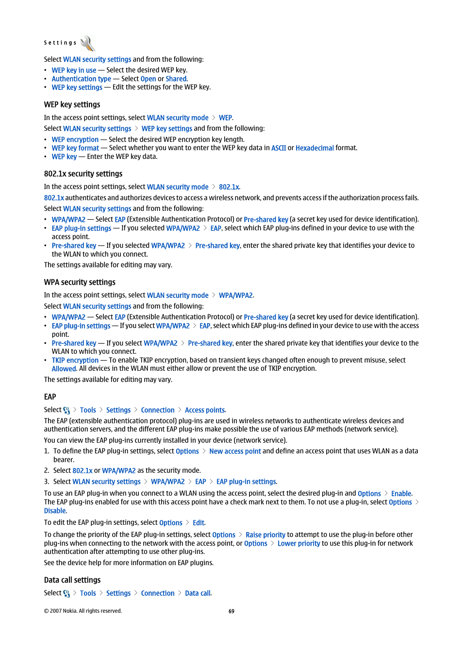 Wep key settings, 1x security settings, Wpa security settings | Data call settings | Nokia E90 Communicator User Manual | Page 101 / 125