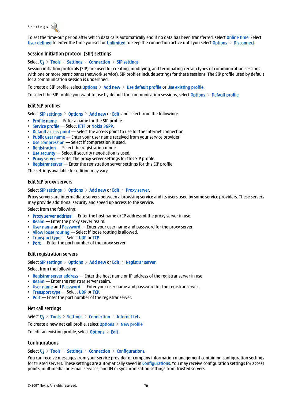 Session initiation protocol (sip) settings, Edit sip profiles, Edit sip proxy servers | Edit registration servers, Net call settings, Configurations | Nokia E90 Communicator User Manual | Page 102 / 125