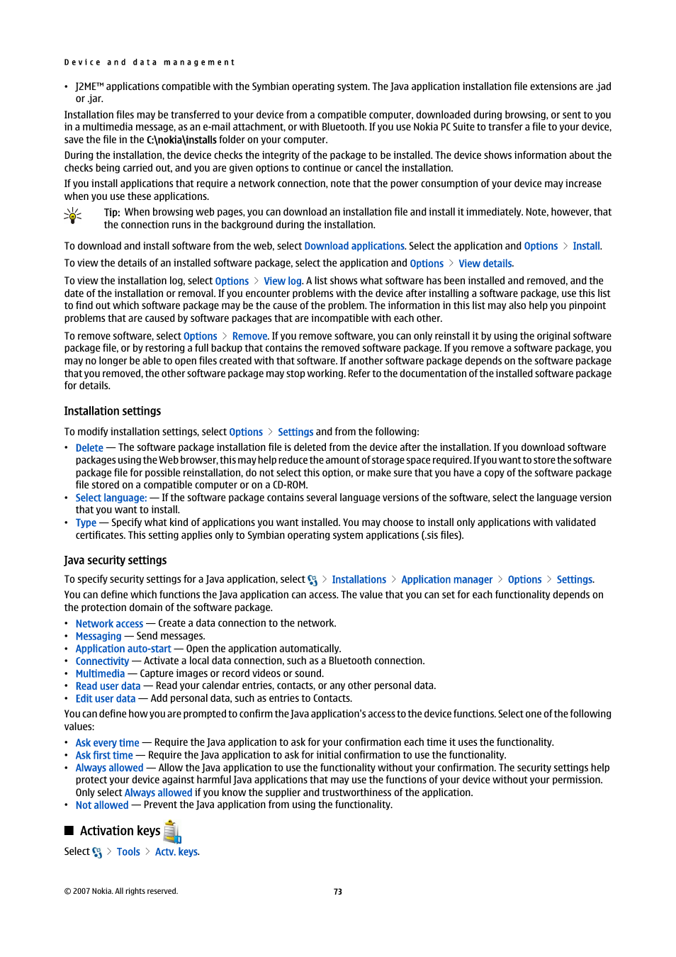 Installation settings, Java security settings, Activation keys | Nokia E90 Communicator User Manual | Page 105 / 125