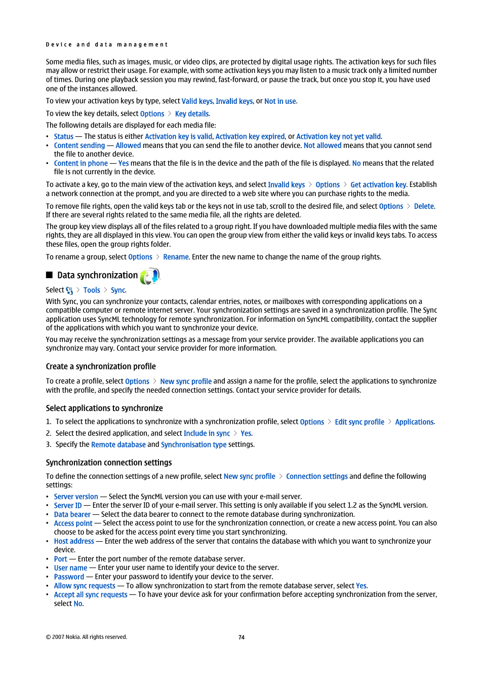 Data synchronization, Create a synchronization profile, Select applications to synchronize | Synchronization connection settings | Nokia E90 Communicator User Manual | Page 106 / 125