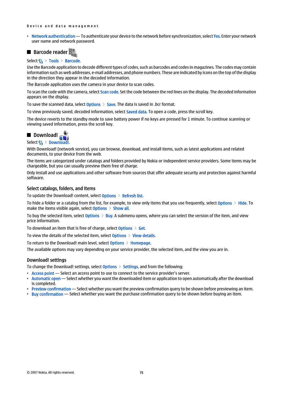 Barcode reader, Download, Select catalogs, folders, and items | Download! settings | Nokia E90 Communicator User Manual | Page 107 / 125