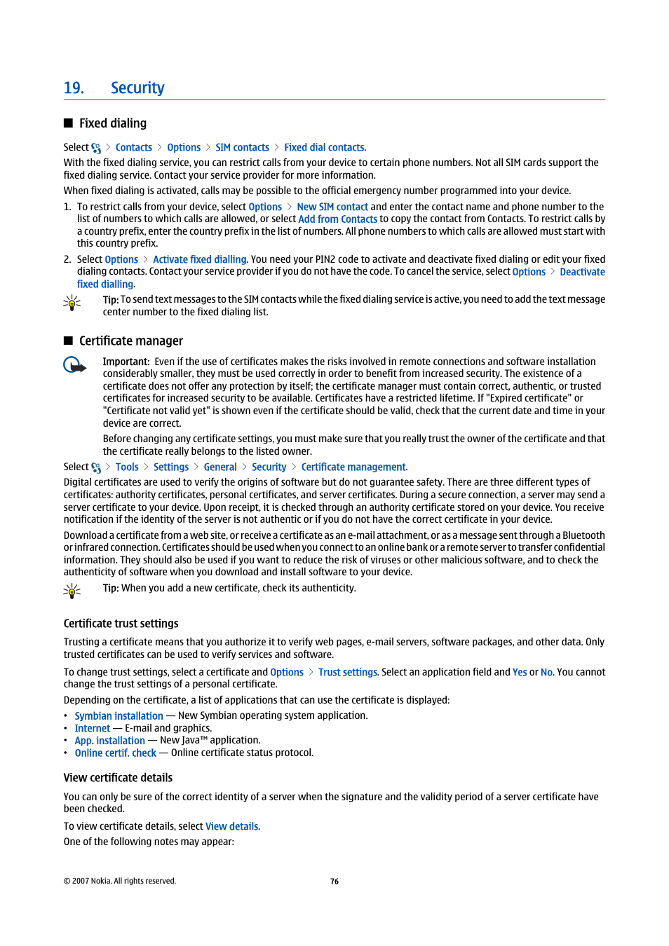 Security, Fixed dialing, Certificate manager | Certificate trust settings, View certificate details | Nokia E90 Communicator User Manual | Page 108 / 125