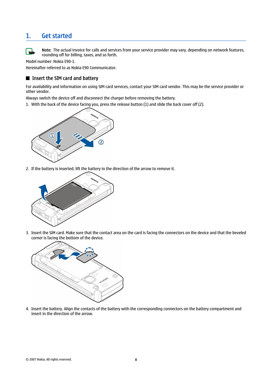 Get started, Insert the sim card and battery | Nokia E90 Communicator User Manual | Page 40 / 125