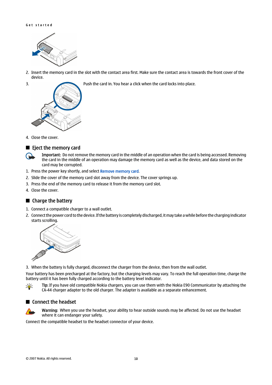 Eject the memory card, Charge the battery, Connect the headset | Nokia E90 Communicator User Manual | Page 42 / 125