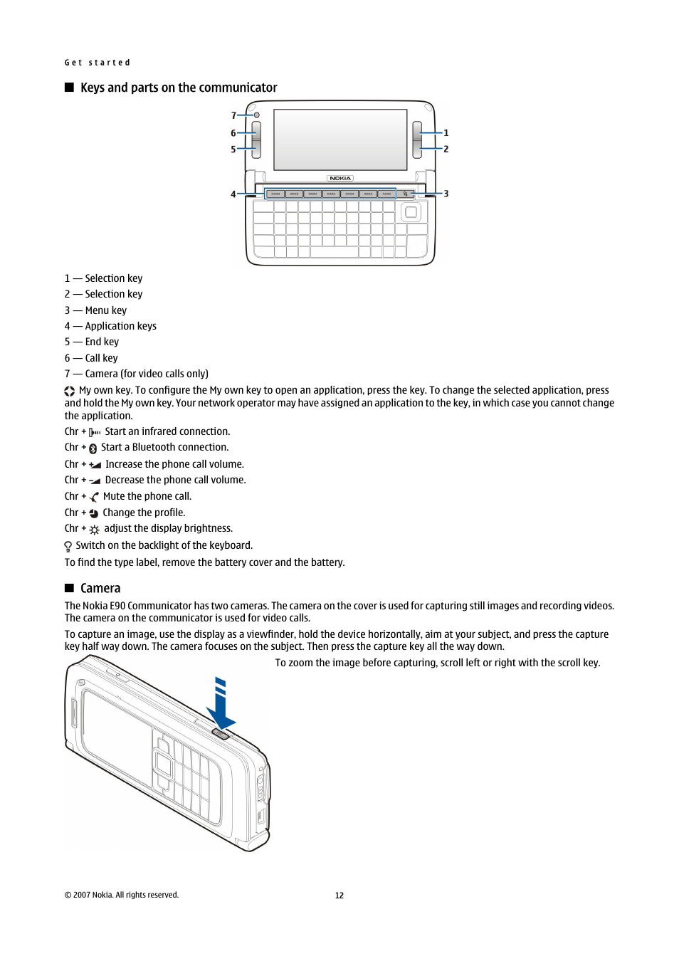 Keys and parts on the communicator, Camera | Nokia E90 Communicator User Manual | Page 44 / 125