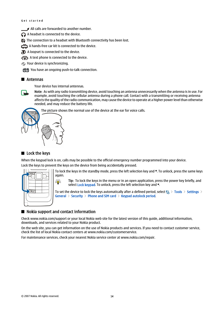 Antennas, Lock the keys, Nokia support and contact information | Nokia E90 Communicator User Manual | Page 46 / 125