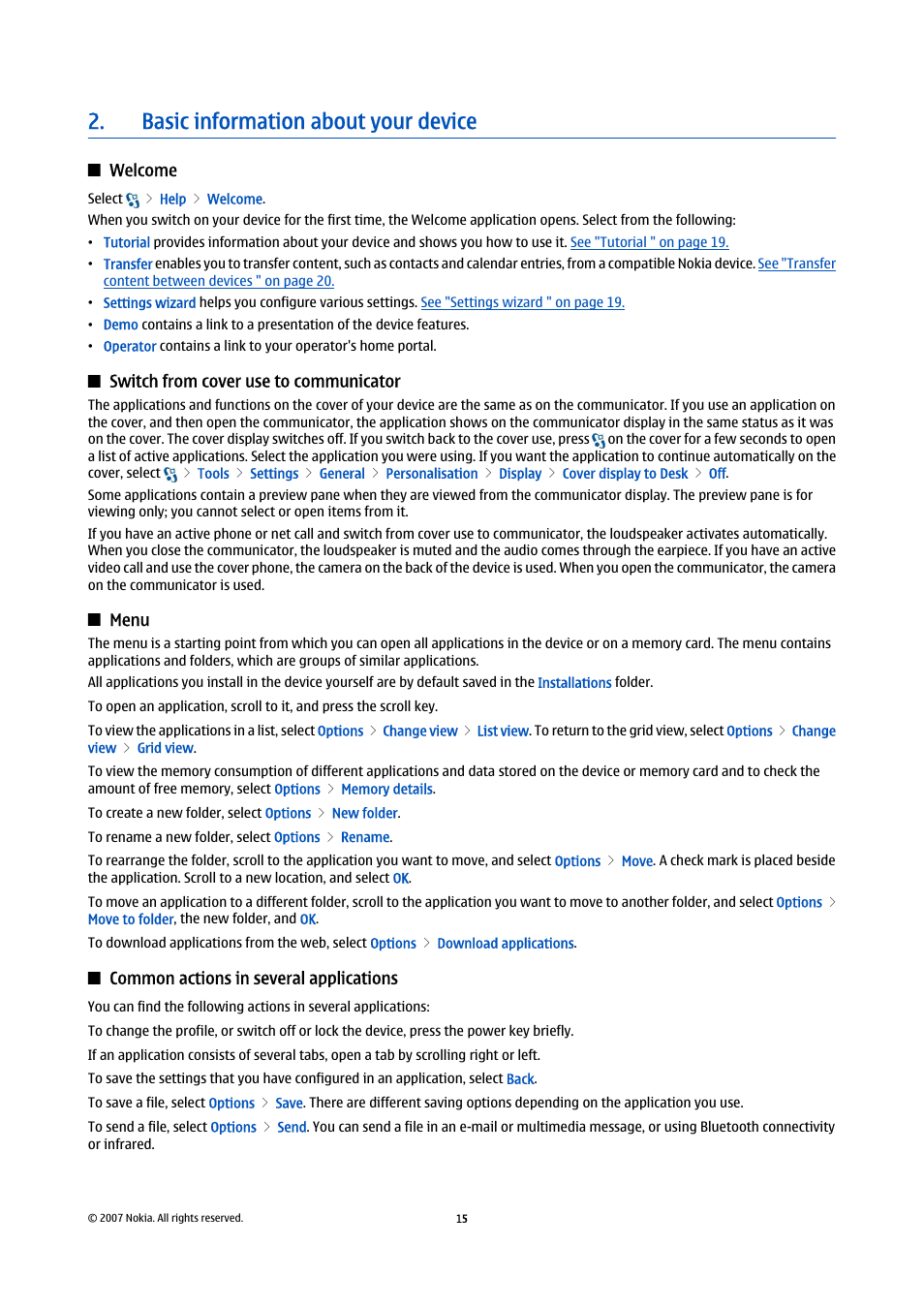 Basic information about your device, Welcome, Switch from cover use to communicator | Menu, Common actions in several applications | Nokia E90 Communicator User Manual | Page 47 / 125