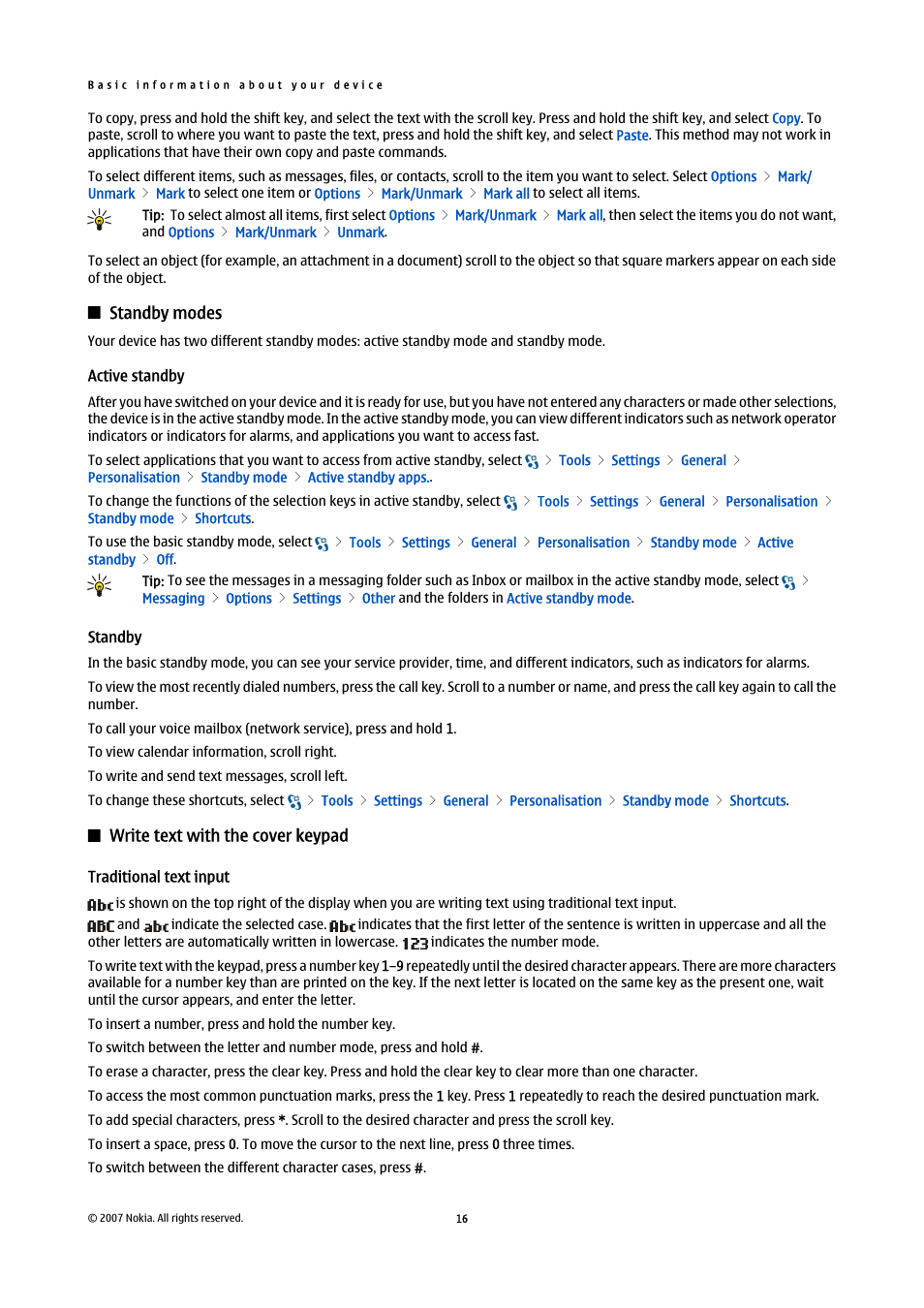 Standby modes, Active standby, Standby | Write text with the cover keypad, Traditional text input | Nokia E90 Communicator User Manual | Page 48 / 125