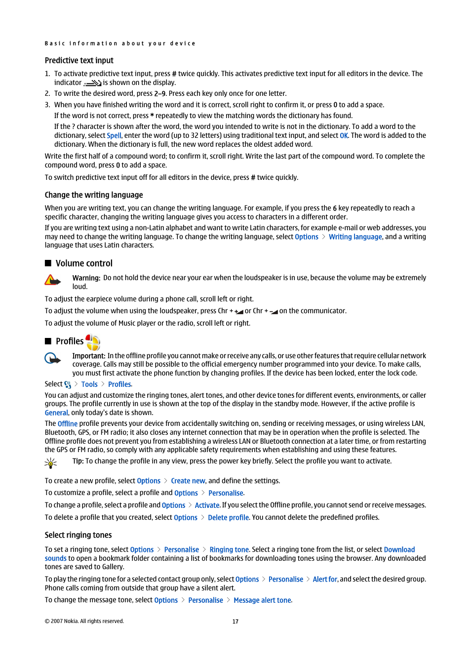 Predictive text input, Change the writing language, Volume control | Profiles, Select ringing tones | Nokia E90 Communicator User Manual | Page 49 / 125