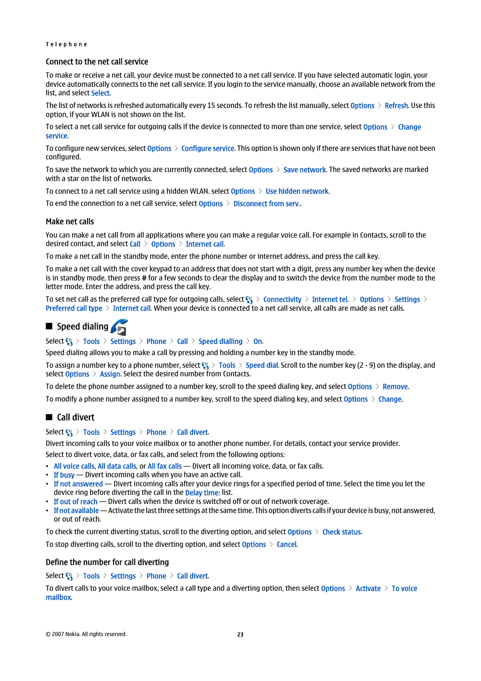 Connect to the net call service, Make net calls, Speed dialing | Call divert, Define the number for call diverting | Nokia E90 Communicator User Manual | Page 55 / 125