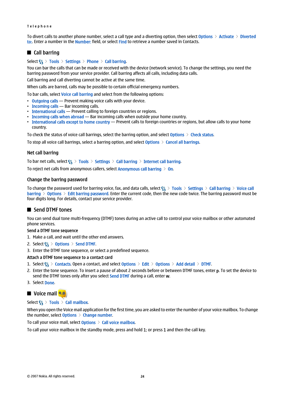 Call barring, Net call barring, Change the barring password | Send dtmf tones, Voice mail | Nokia E90 Communicator User Manual | Page 56 / 125