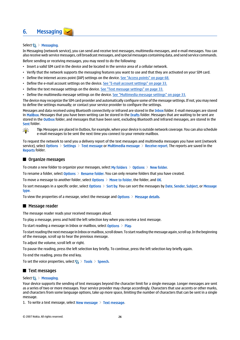 Messaging, Organize messages, Message reader | Text messages | Nokia E90 Communicator User Manual | Page 58 / 125