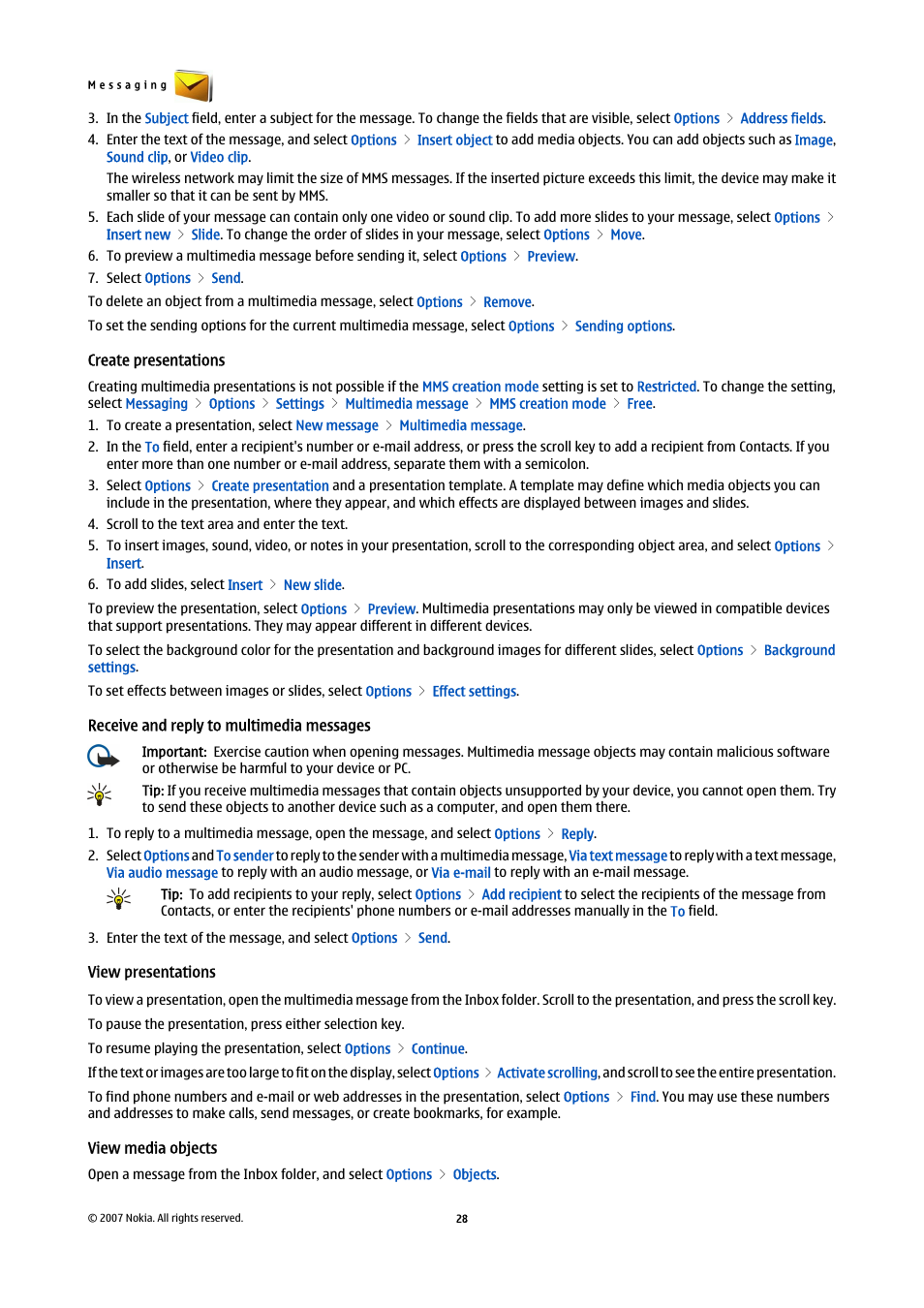 Create presentations, Receive and reply to multimedia messages, View presentations | View media objects | Nokia E90 Communicator User Manual | Page 60 / 125