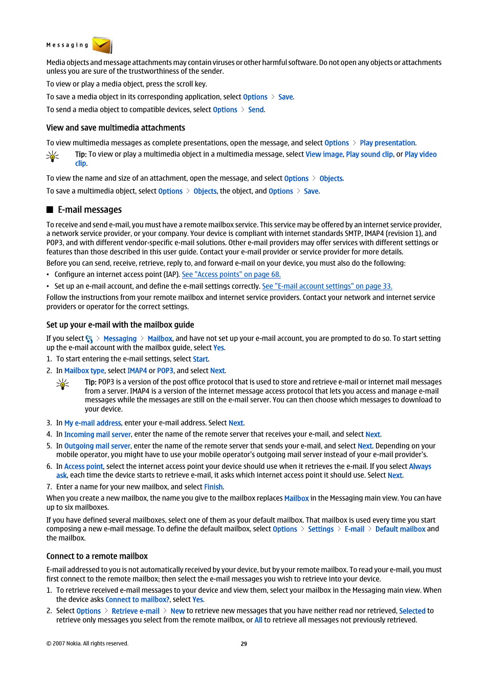 View and save multimedia attachments, E-mail messages, Set up your e-mail with the mailbox guide | Connect to a remote mailbox | Nokia E90 Communicator User Manual | Page 61 / 125
