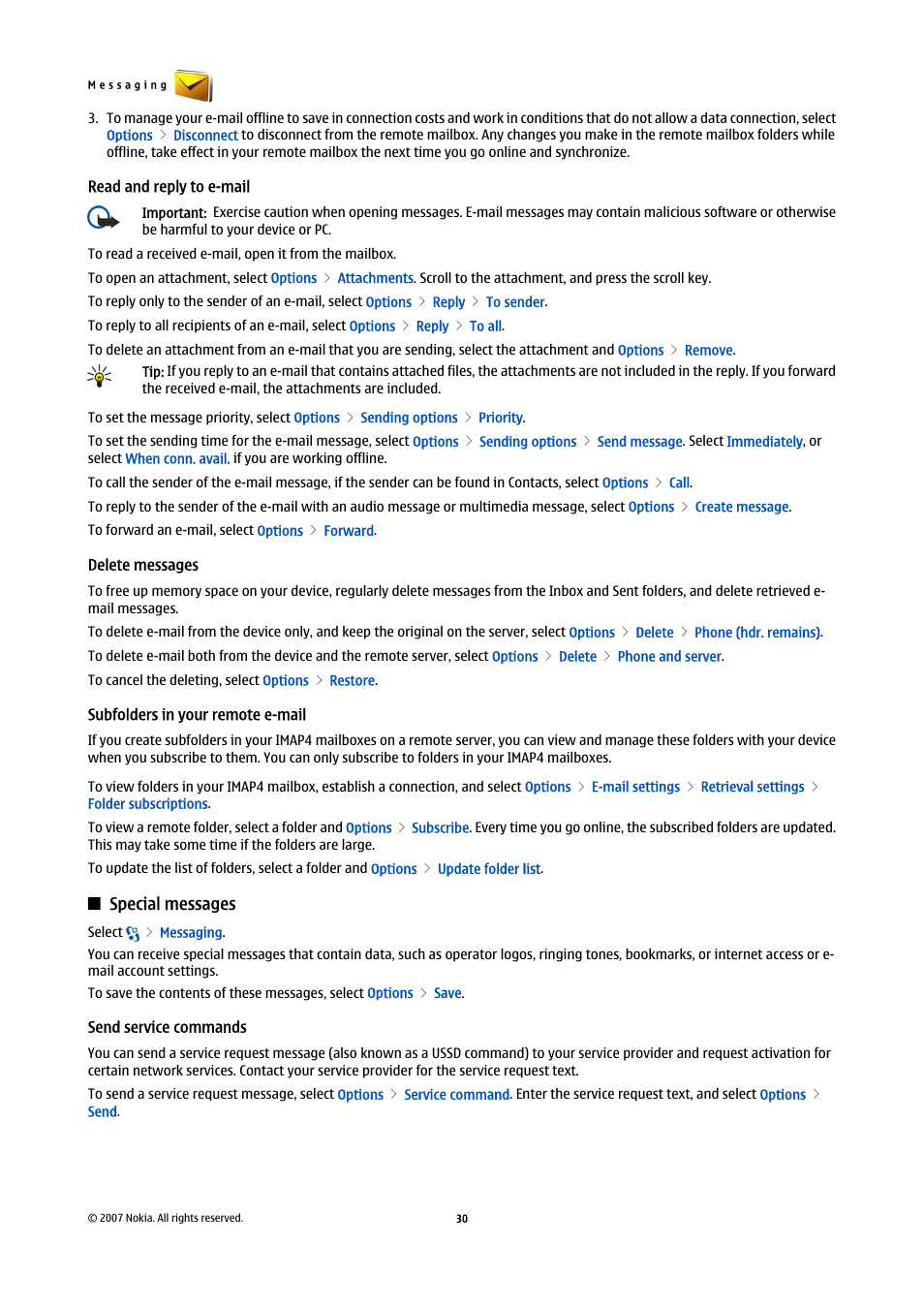 Read and reply to e-mail, Delete messages, Subfolders in your remote e-mail | Special messages, Send service commands | Nokia E90 Communicator User Manual | Page 62 / 125