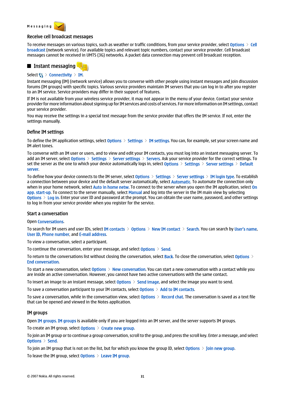 Receive cell broadcast messages, Instant messaging, Define im settings | Start a conversation, Im groups | Nokia E90 Communicator User Manual | Page 63 / 125