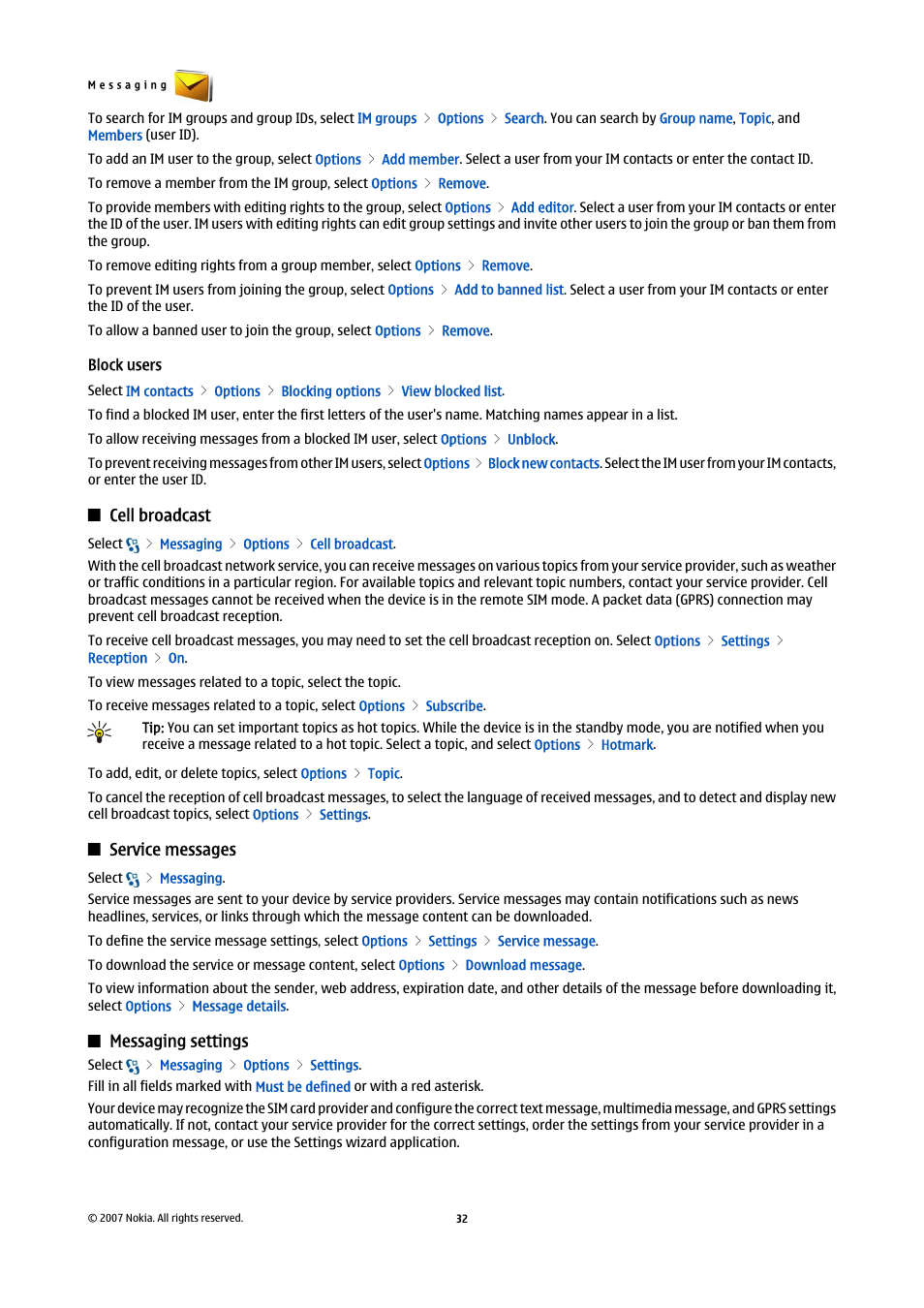 Block users, Cell broadcast, Service messages | Messaging settings | Nokia E90 Communicator User Manual | Page 64 / 125