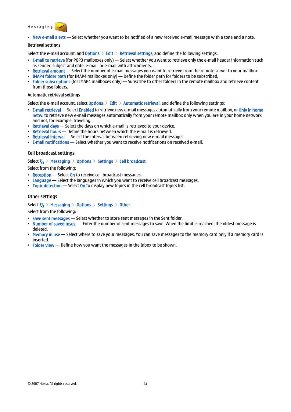 Retrieval settings, Automatic retrieval settings, Cell broadcast settings | Other settings | Nokia E90 Communicator User Manual | Page 66 / 125