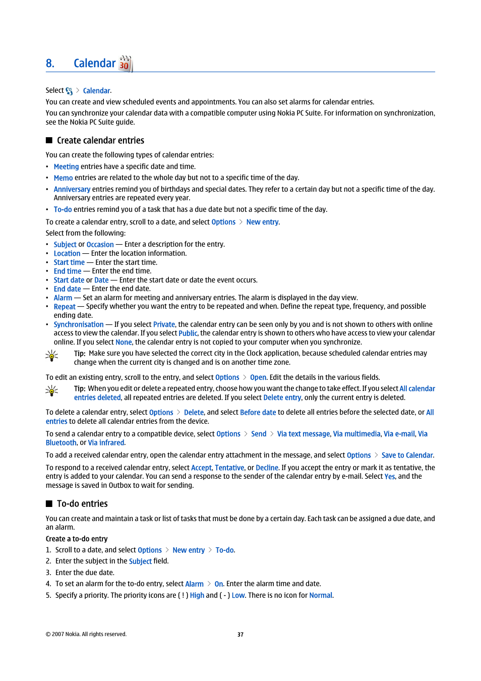 Calendar, Create calendar entries, To-do entries | Nokia E90 Communicator User Manual | Page 69 / 125