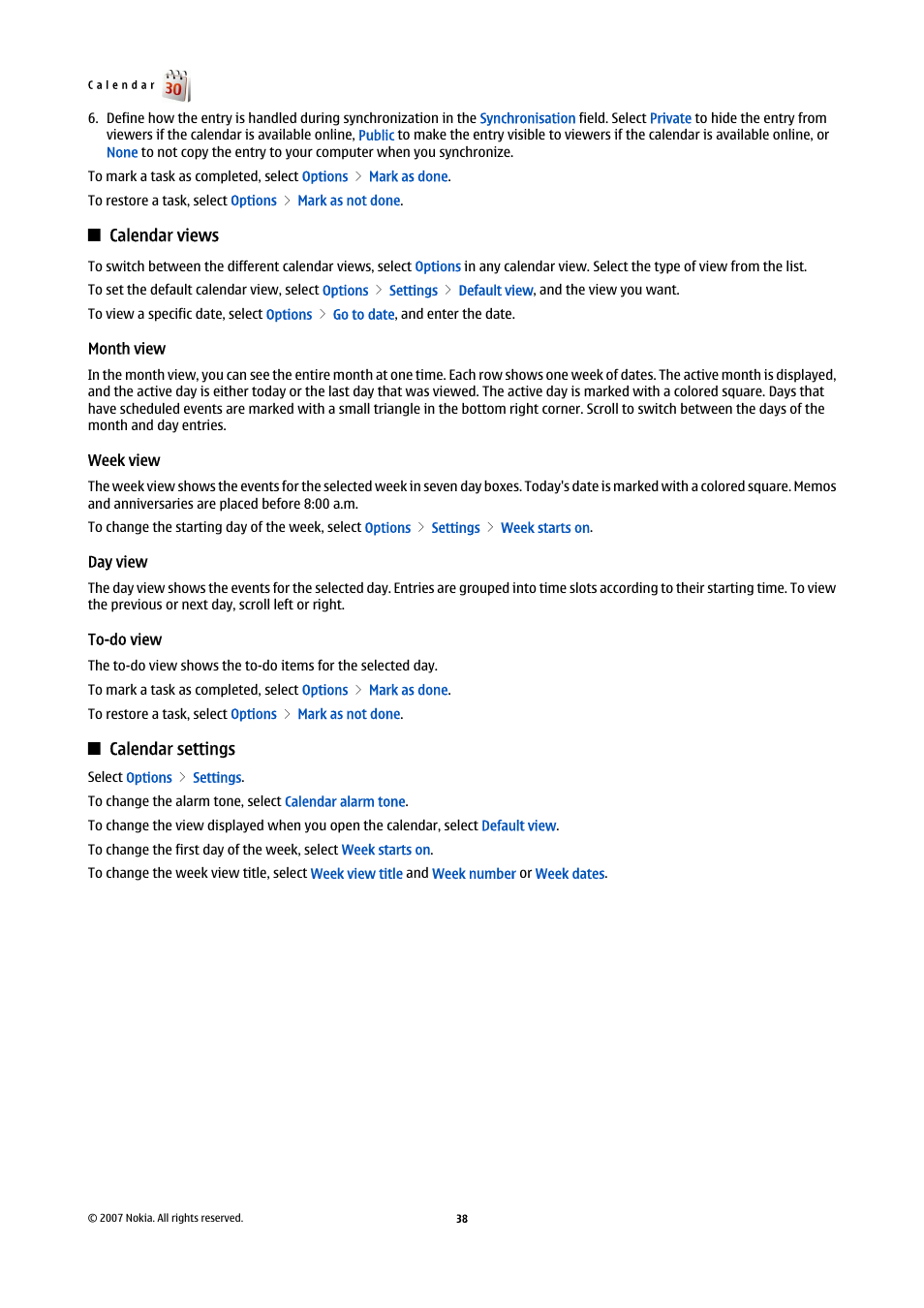 Calendar views, Month view, Week view | Day view, To-do view, Calendar settings | Nokia E90 Communicator User Manual | Page 70 / 125