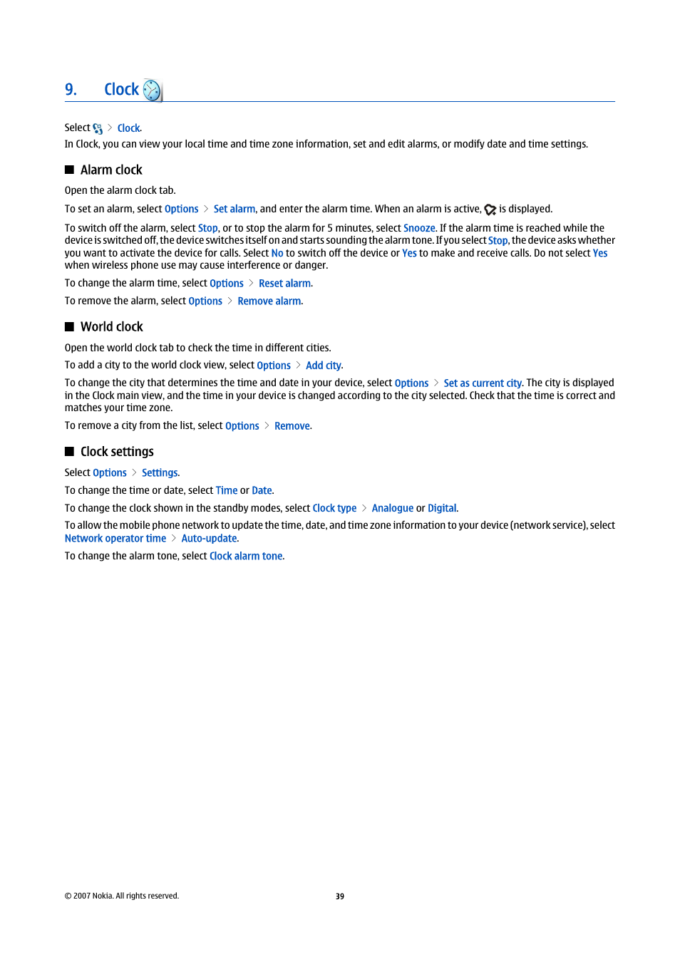 Clock, Alarm clock, World clock | Clock settings | Nokia E90 Communicator User Manual | Page 71 / 125