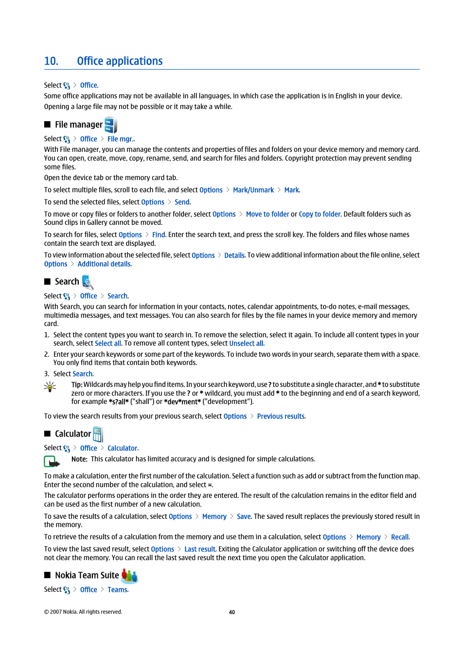 Office applications, File manager, Search | Calculator, Nokia team suite | Nokia E90 Communicator User Manual | Page 72 / 125