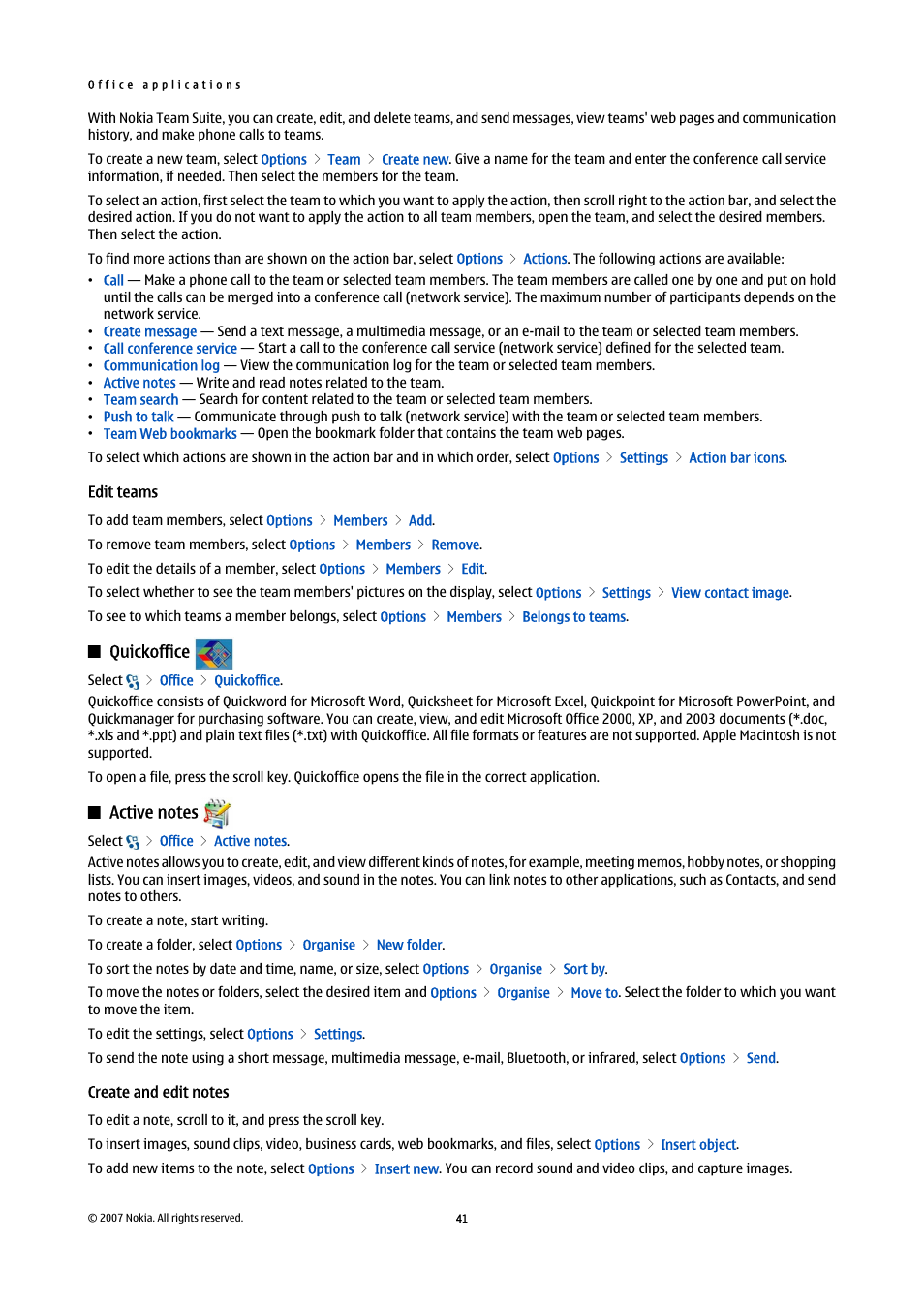 Edit teams, Quickoffice, Active notes | Create and edit notes | Nokia E90 Communicator User Manual | Page 73 / 125