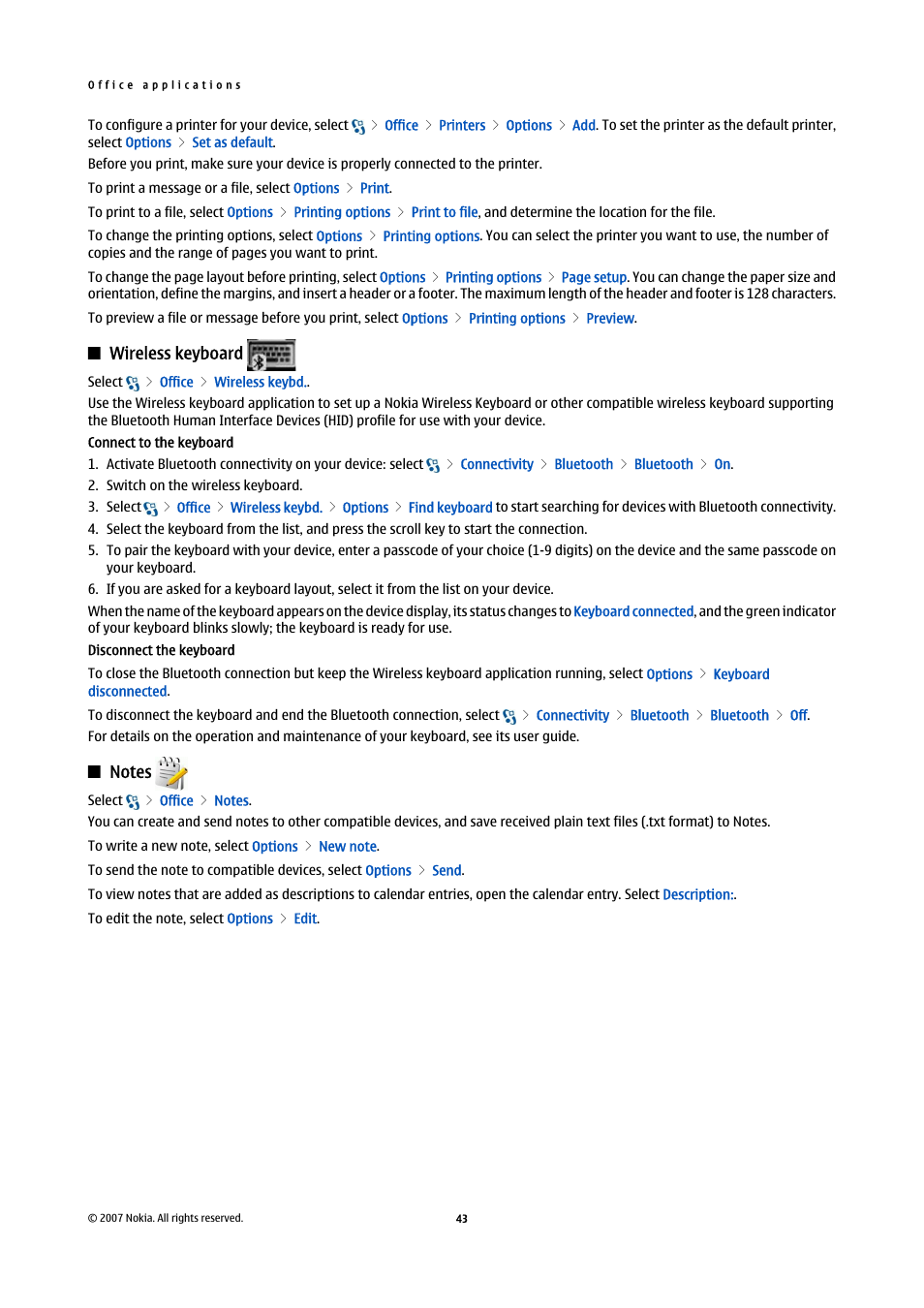 Wireless keyboard, Notes | Nokia E90 Communicator User Manual | Page 75 / 125
