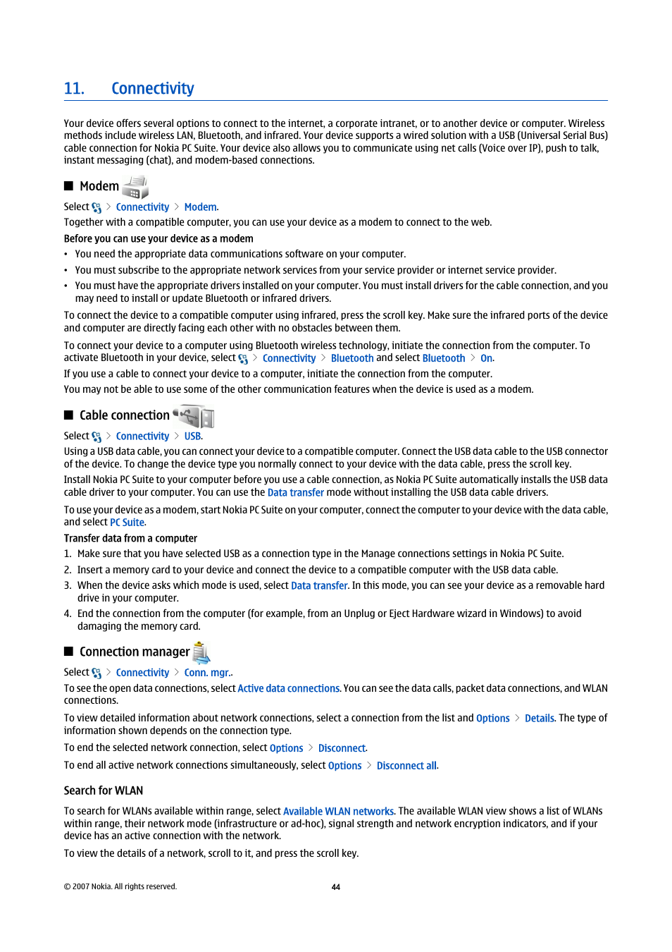 Connectivity, Modem, Cable connection | Connection manager, Search for wlan | Nokia E90 Communicator User Manual | Page 76 / 125