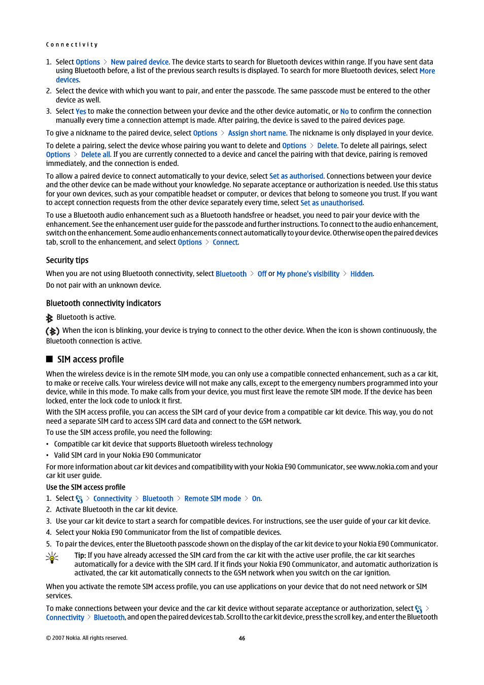 Security tips, Bluetooth connectivity indicators, Sim access profile | Nokia E90 Communicator User Manual | Page 78 / 125