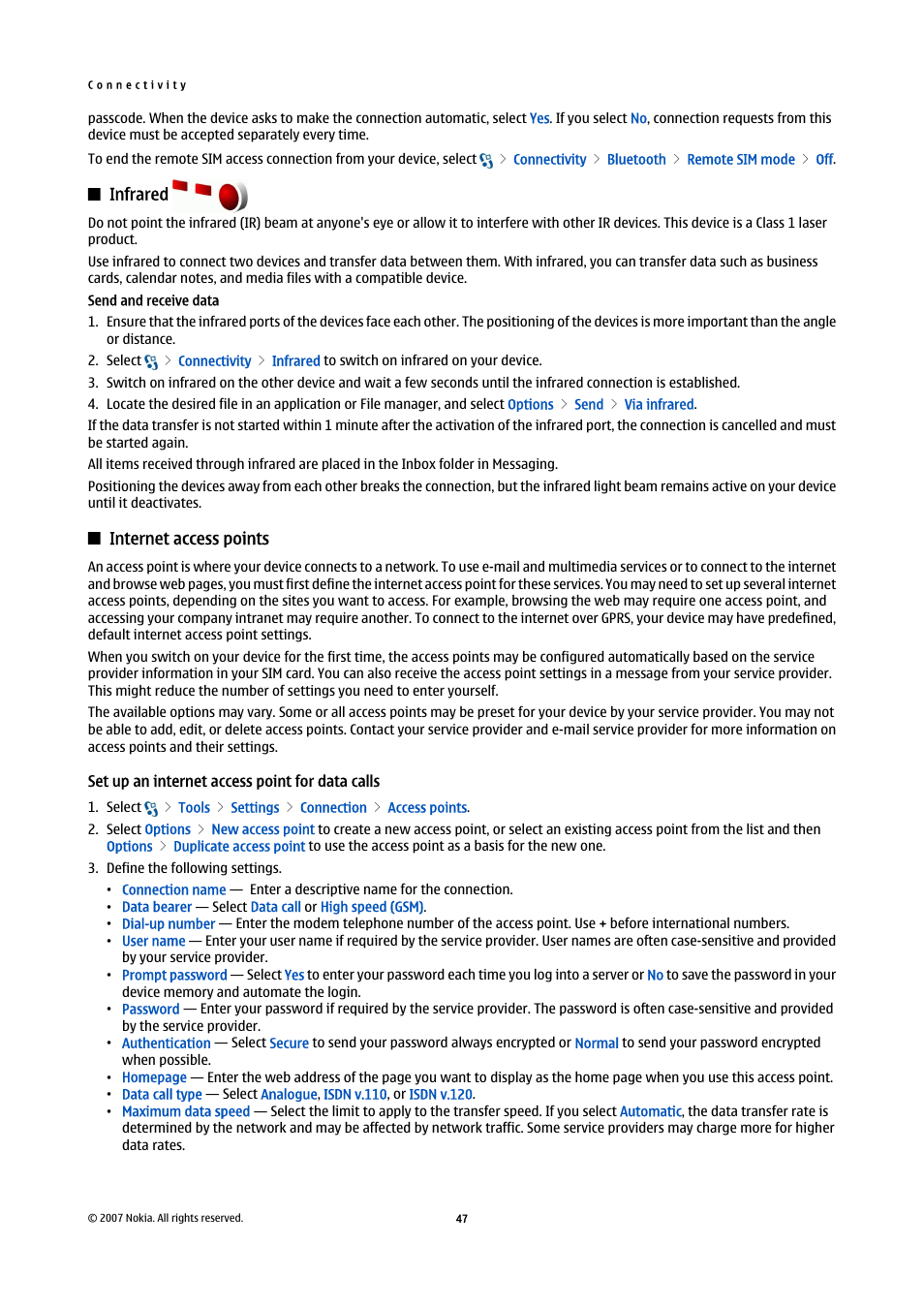Infrared, Internet access points, Set up an internet access point for data calls | Connect the two devices | Nokia E90 Communicator User Manual | Page 79 / 125