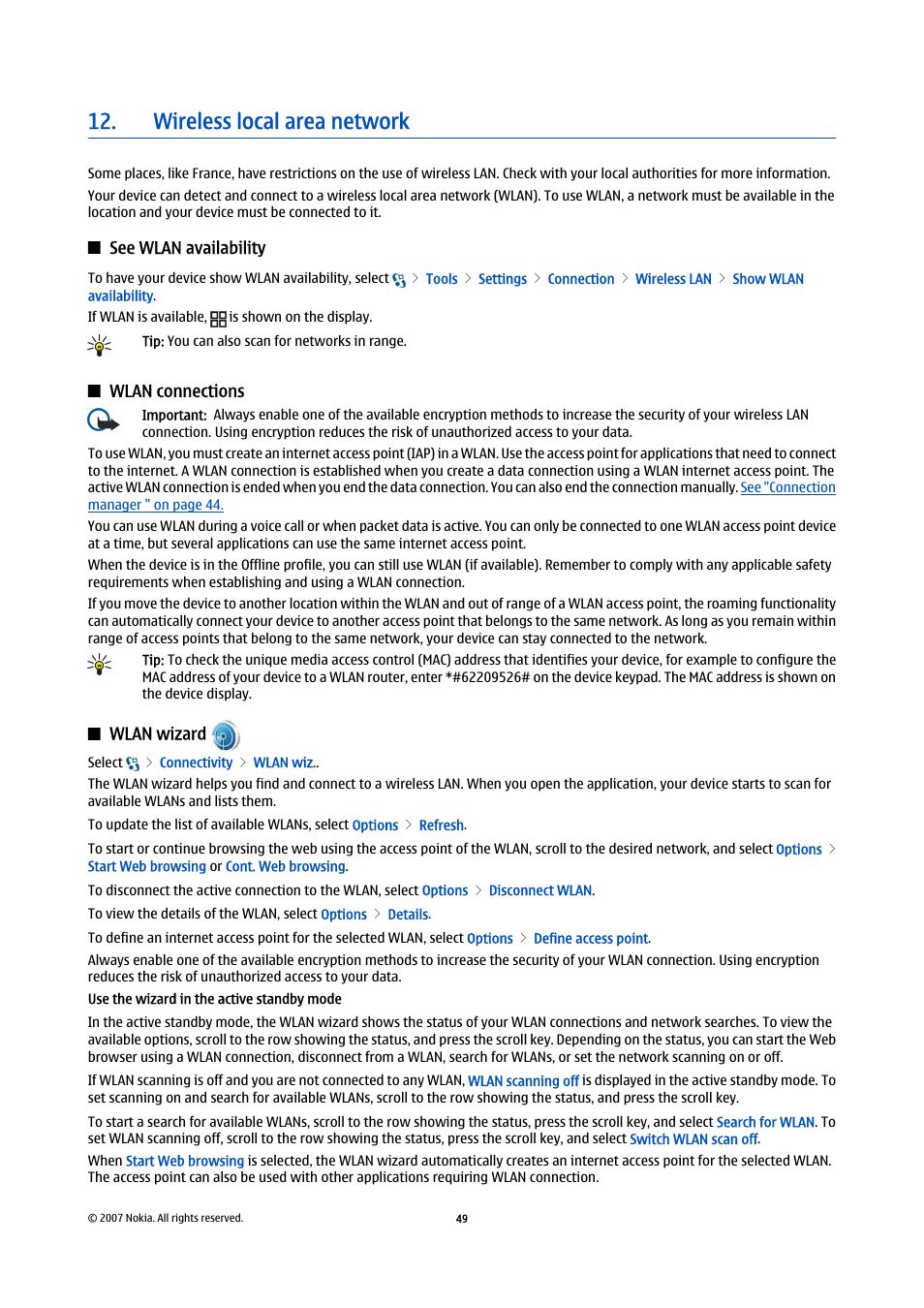 Wireless local area network, See wlan availability, Wlan connections | Wlan wizard | Nokia E90 Communicator User Manual | Page 81 / 125