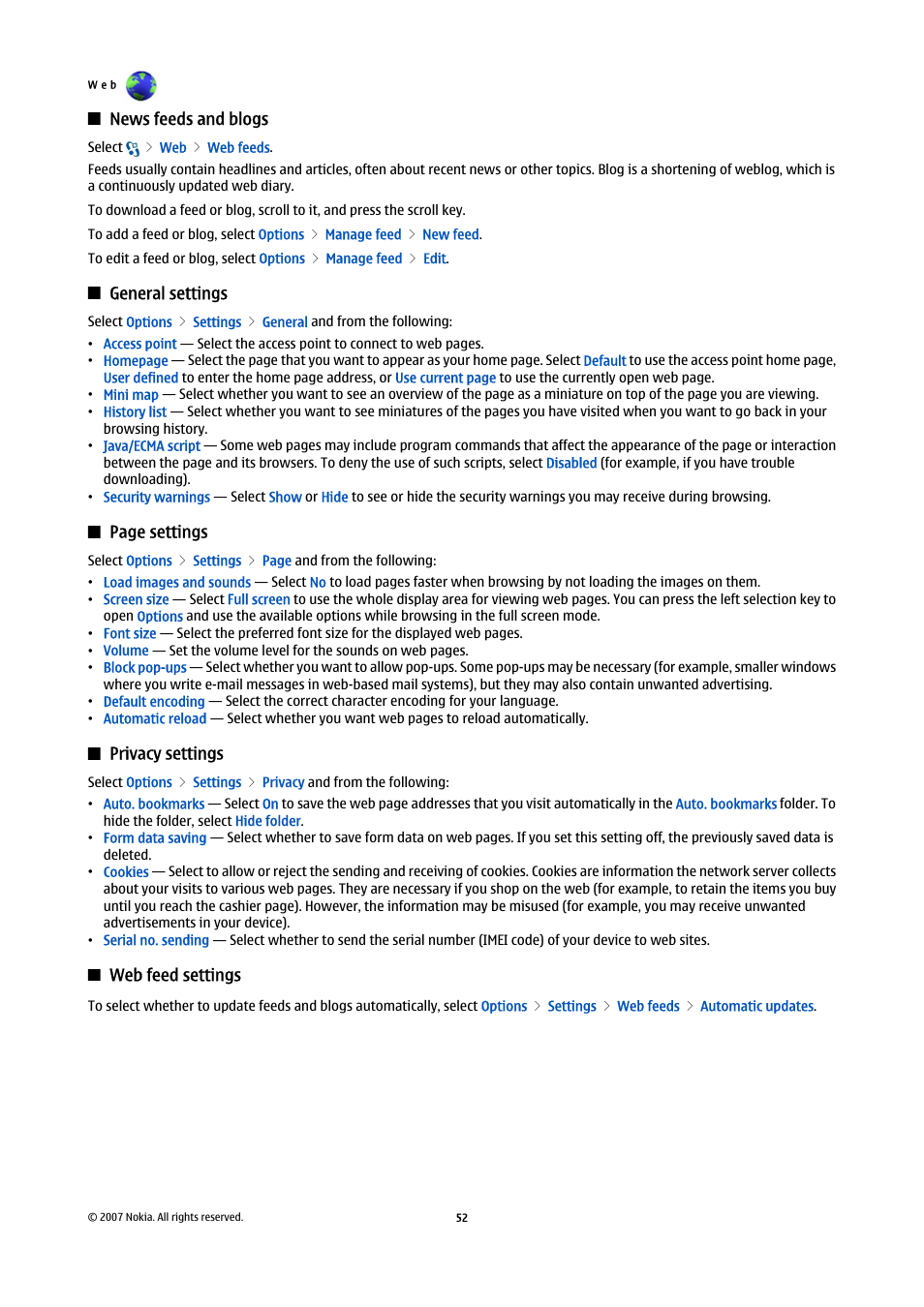 News feeds and blogs, General settings, Privacy settings | Web feed settings | Nokia E90 Communicator User Manual | Page 84 / 125