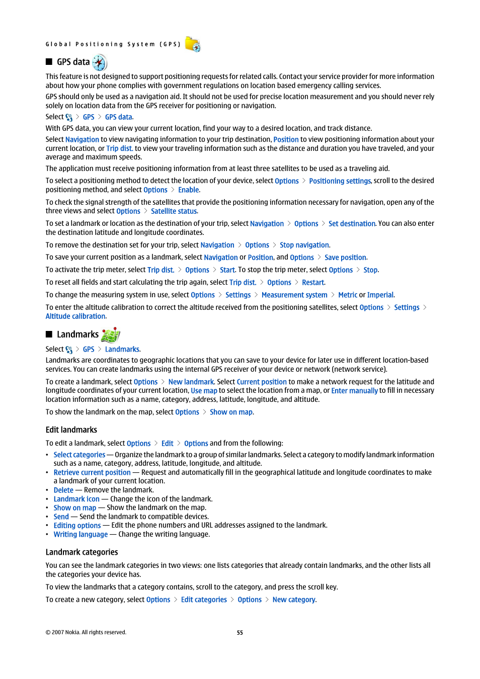 Gps data, Landmarks, Edit landmarks | Landmark categories | Nokia E90 Communicator User Manual | Page 87 / 125