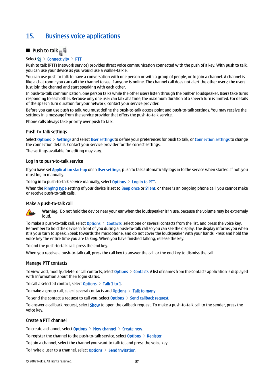Business voice applications, Push to talk, Push-to-talk settings | Log in to push-to-talk service, Make a push-to-talk call, Manage ptt contacts, Create a ptt channel | Nokia E90 Communicator User Manual | Page 89 / 125