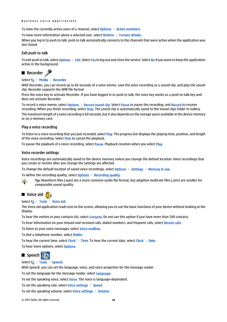 Exit push to talk, Recorder, Play a voice recording | Voice recorder settings, Voice aid, Speech | Nokia E90 Communicator User Manual | Page 90 / 125