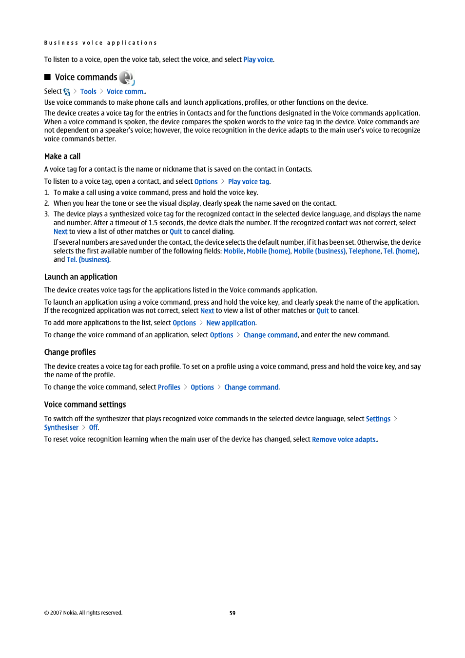 Voice commands, Make a call, Launch an application | Change profiles, Voice command settings | Nokia E90 Communicator User Manual | Page 91 / 125