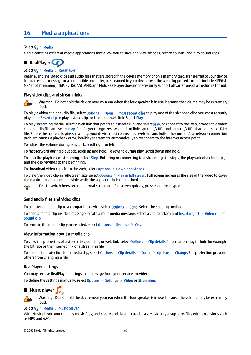 Media applications, Realplayer, Play video clips and stream links | Send audio files and video clips, View information about a media clip, Realplayer settings, Music player | Nokia E90 Communicator User Manual | Page 92 / 125
