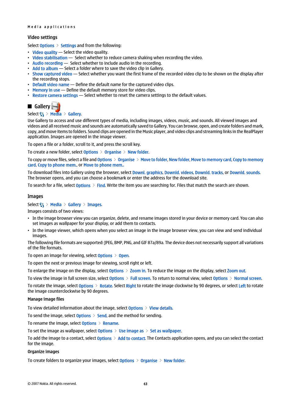 Video settings, Gallery, Images | Manage image files, Organize images | Nokia E90 Communicator User Manual | Page 95 / 125