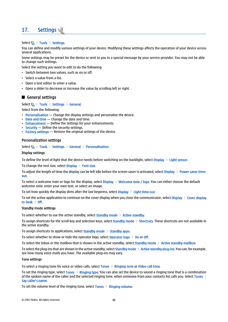 Settings, General settings, Personalization settings | Display settings, Standby mode settings, Tone settings | Nokia E90 Communicator User Manual | Page 97 / 125