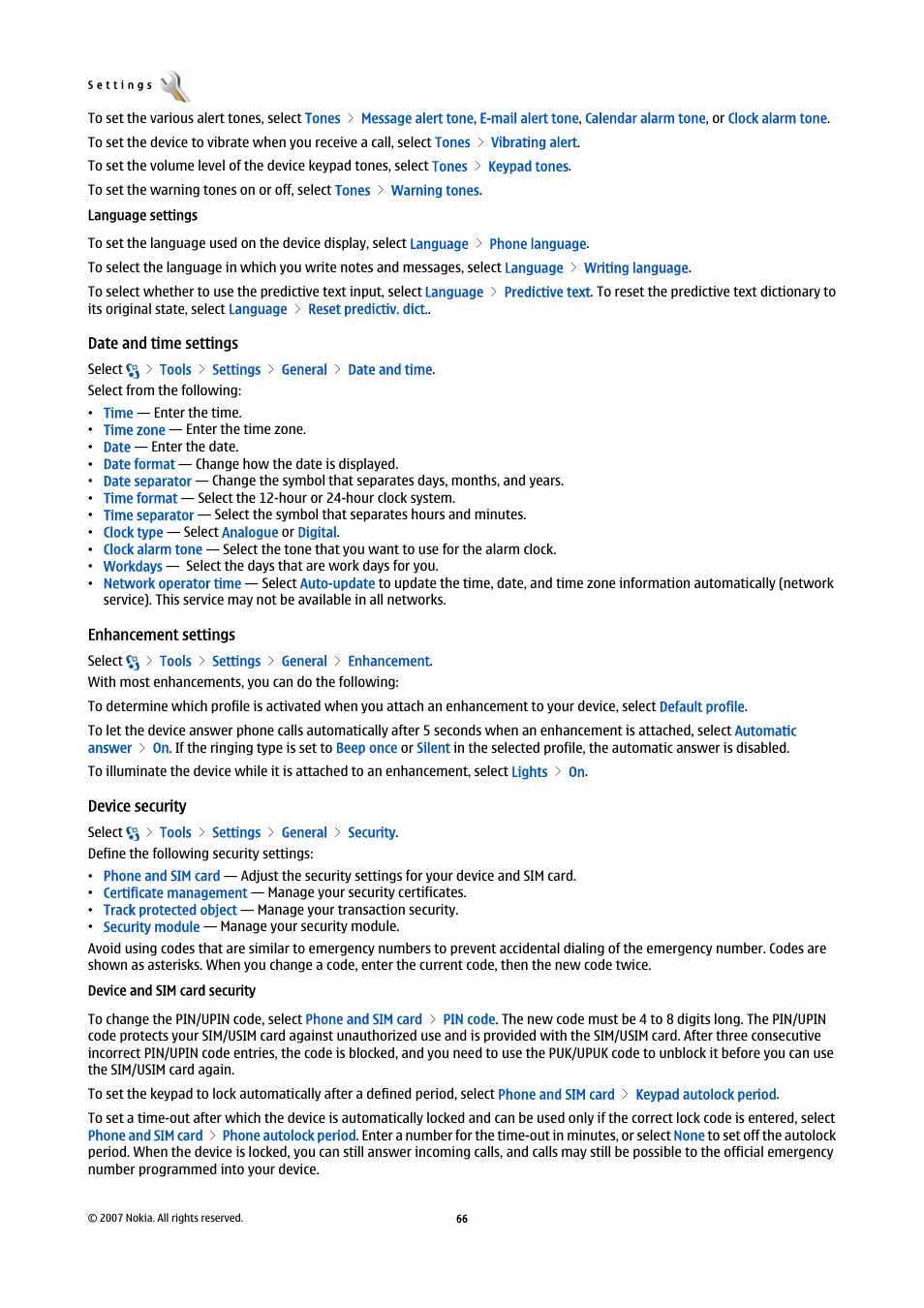 Language settings, Date and time settings, Enhancement settings | Device security, Device and sim card security | Nokia E90 Communicator User Manual | Page 98 / 125