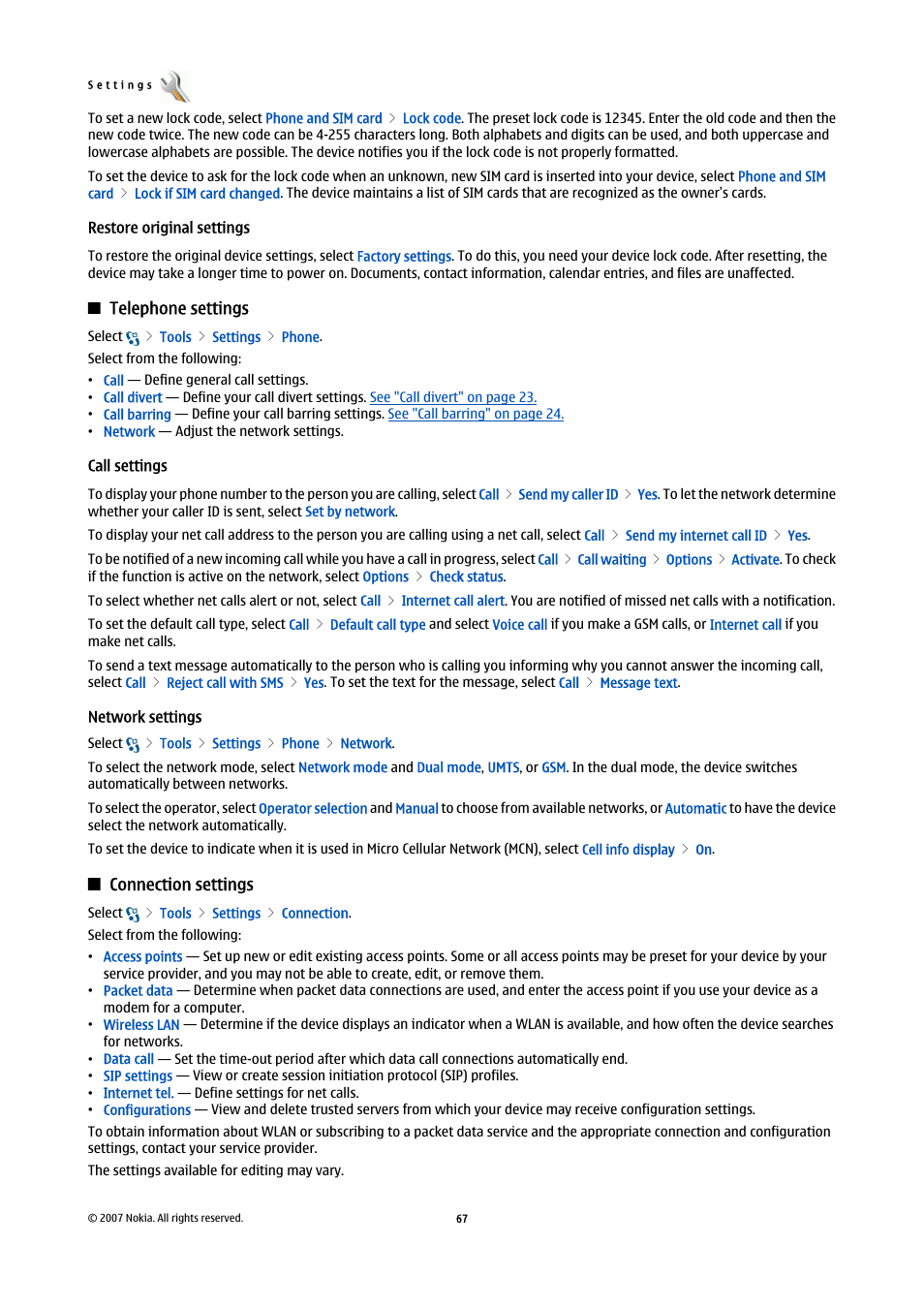 Restore original settings, Telephone settings, Call settings | Network settings, Connection settings | Nokia E90 Communicator User Manual | Page 99 / 125