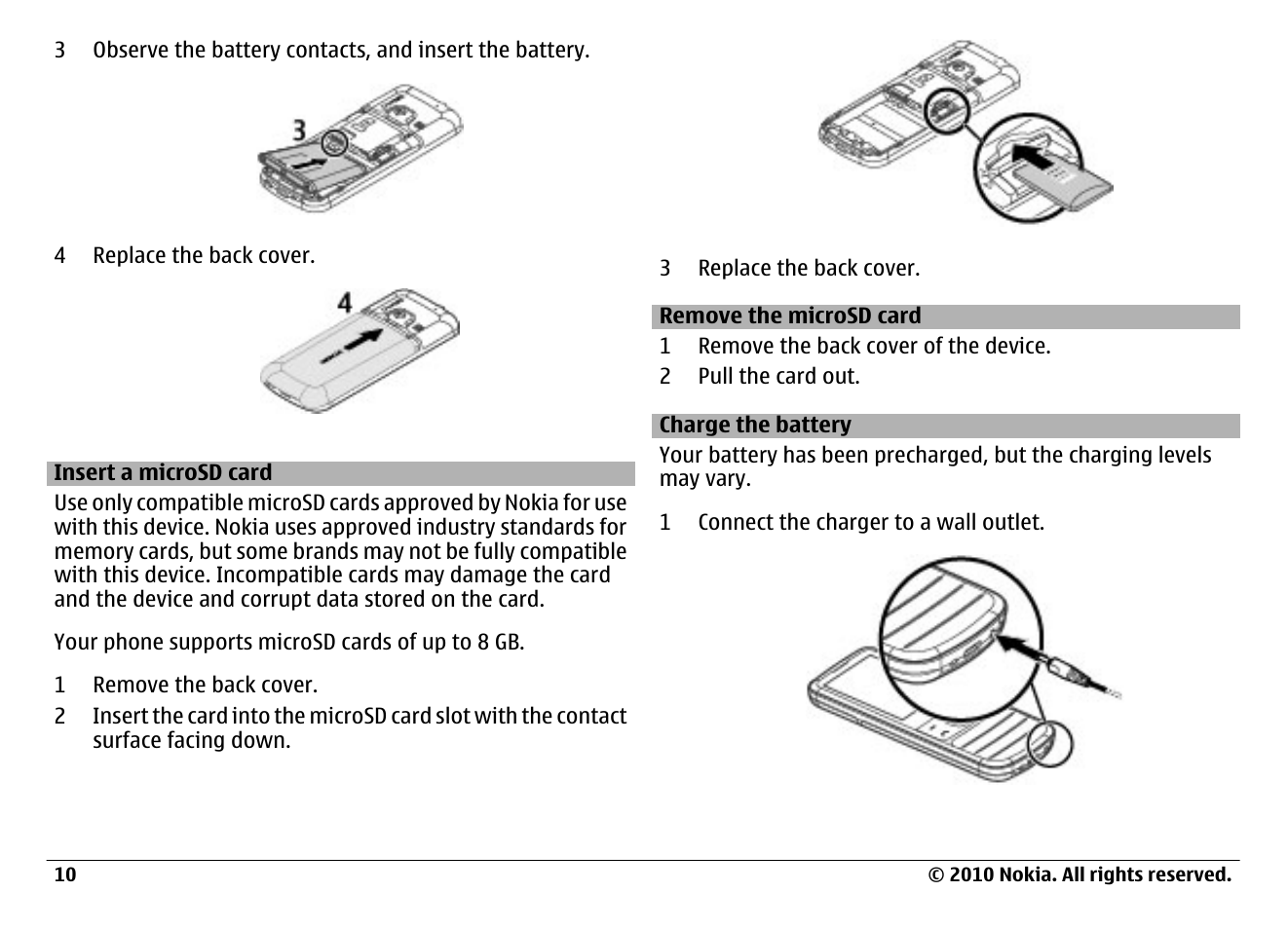 Insert a microsd card, Remove the microsd card, Charge the battery | Nokia 6700 Classic User Manual | Page 10 / 57