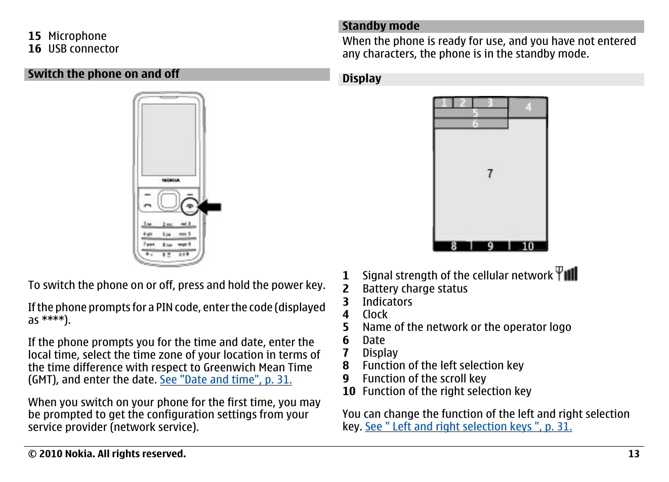 Switch the phone on and off, Standby mode, Display | Nokia 6700 Classic User Manual | Page 13 / 57