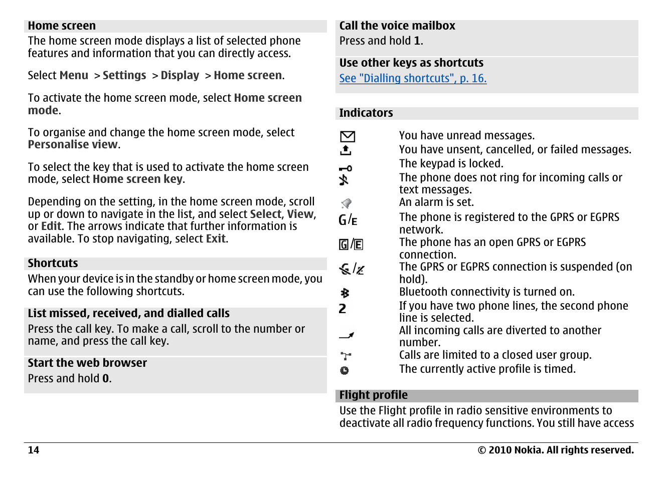 Home screen, Shortcuts, Indicators | Flight profile | Nokia 6700 Classic User Manual | Page 14 / 57