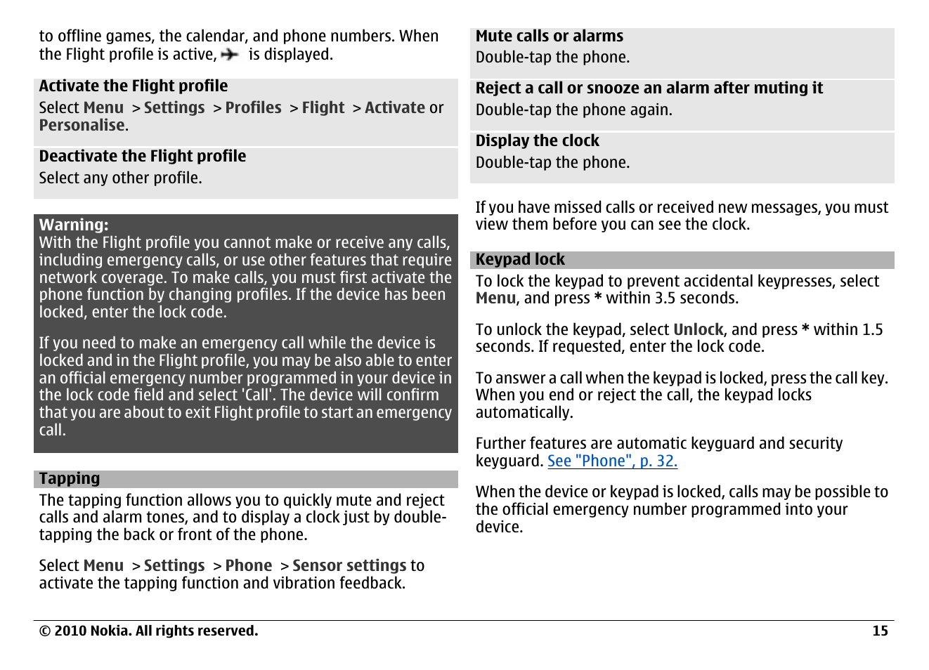 Tapping, Keypad lock | Nokia 6700 Classic User Manual | Page 15 / 57