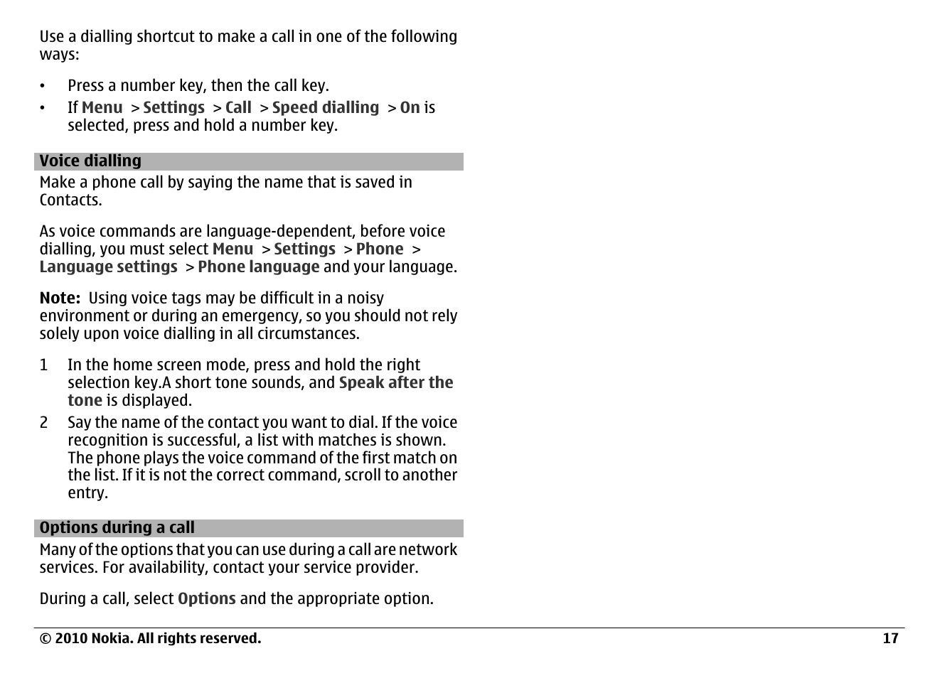 Voice dialling, Options during a call | Nokia 6700 Classic User Manual | Page 17 / 57