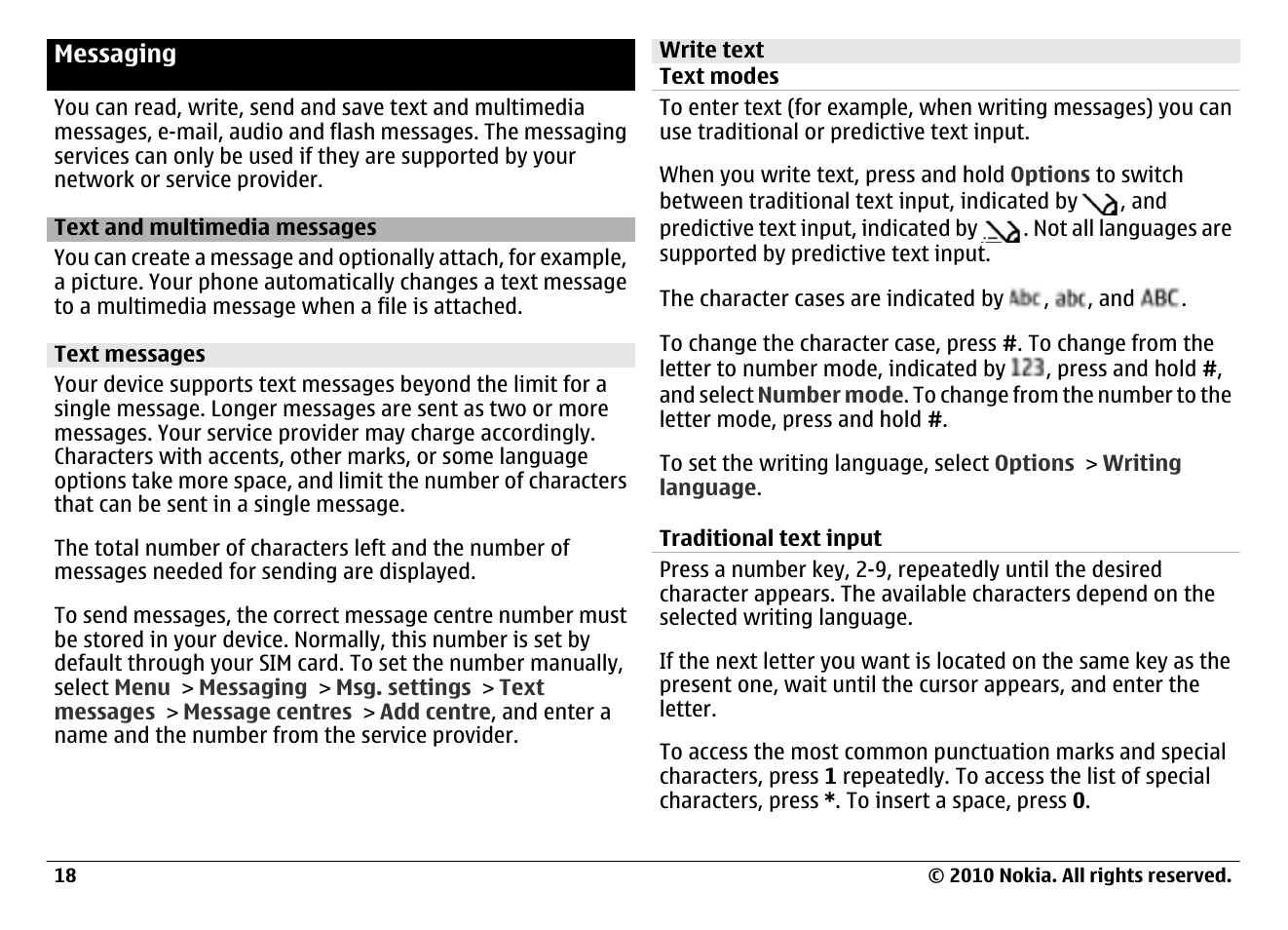 Messaging, Text and multimedia messages, Text messages | Write text, Text modes, Traditional text input | Nokia 6700 Classic User Manual | Page 18 / 57